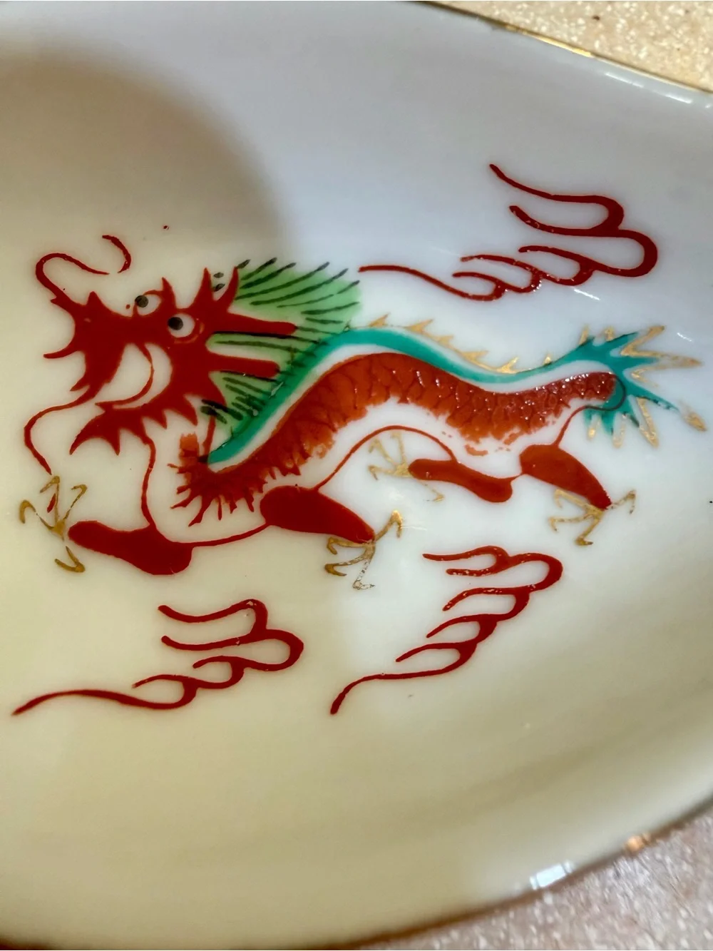 Porcelain Soup Spoon - White with Red Dragon Sun Clouds Gold Gild Asian Chinese